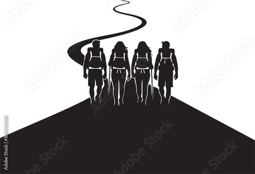 Four People Hiking On Mountain Pathway silhouette