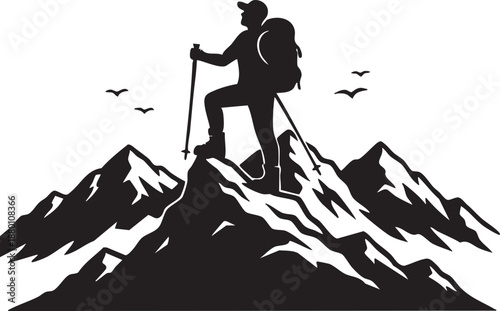Hiker with backpack standing on mountain peak silhouette