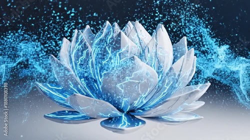 Abstract Blue Lotus Flower with Electric Energy and Particles.
