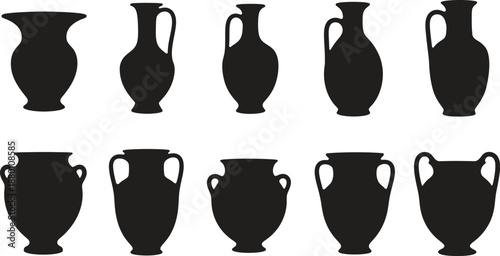 Silhouette of various ancient greek and roman style amphorae and vases