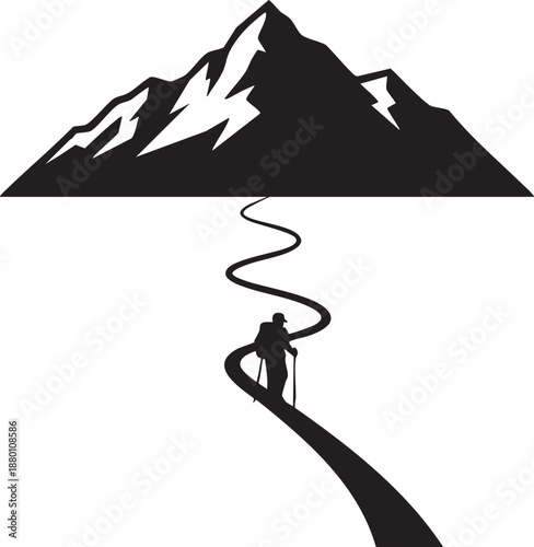 Silhouette of a hiker ascending a mountain path ascent