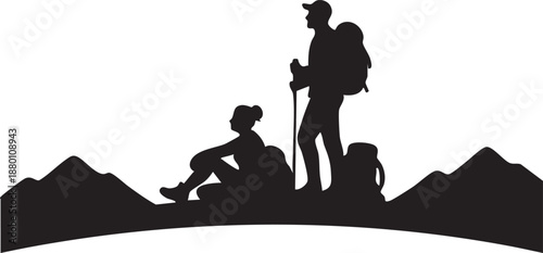 Silhouette of hikers resting on a mountain peak