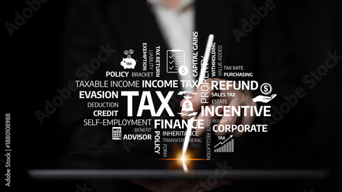 Fotografie A creative visual representation of tax concepts and terms, showcasing the complexity of financial planning and investment strategies for individuals and businesses