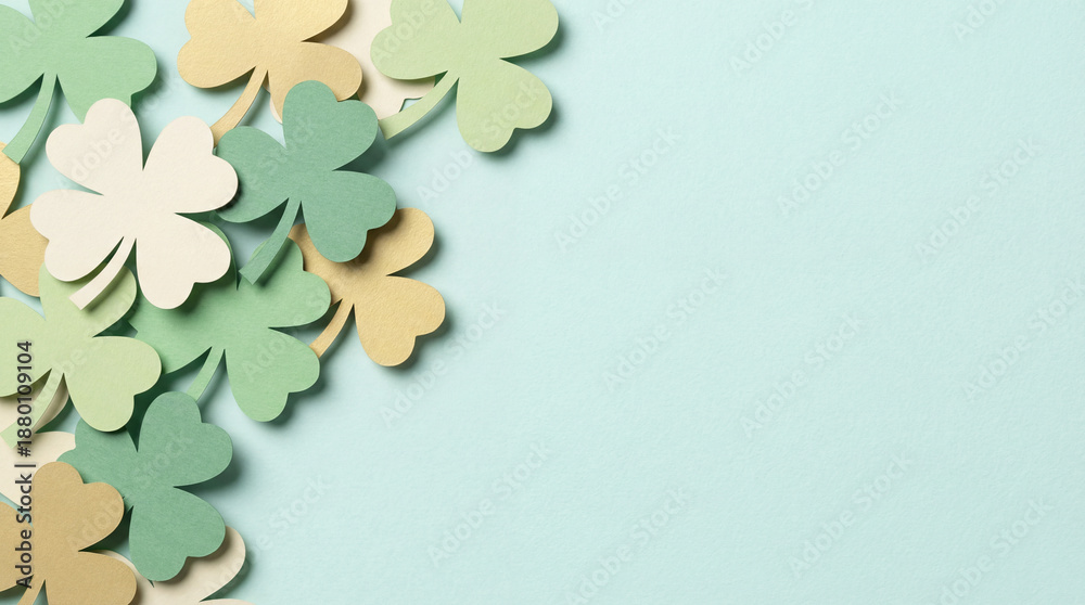 Fototapeta premium Paper shamrock cutouts on mint backdrop. Shamrock border frames wide copy space for st patricks day greeting, shamrock luck theme for spring promo, clean minimal layout, modern card