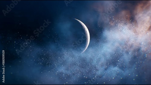 Mystical Crescent Moon Floating in Blue Nebula Space Dust