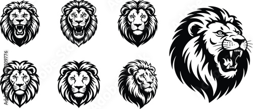 Lion Head Illustration Set, Black and White Line Art Mascot Icons