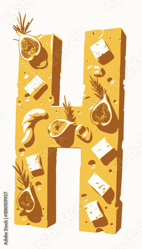 Creative Culinary Design with Cheese Letter H Adorned with Figs, Herbs, and Gourmet Garnishes Creating a Playful Gourmet Presentation