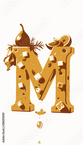 Creative Arrangement of Cheese Letter M Featuring Figs, Honey Drip, and Seasonal Herbs Elevating Culinary Typography Artistry