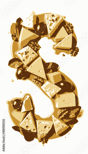 Elegant Arrangement of Varied Cheese Selection with Grapes, Walnuts, and Leaves on Smooth Caramel Sauce Surface