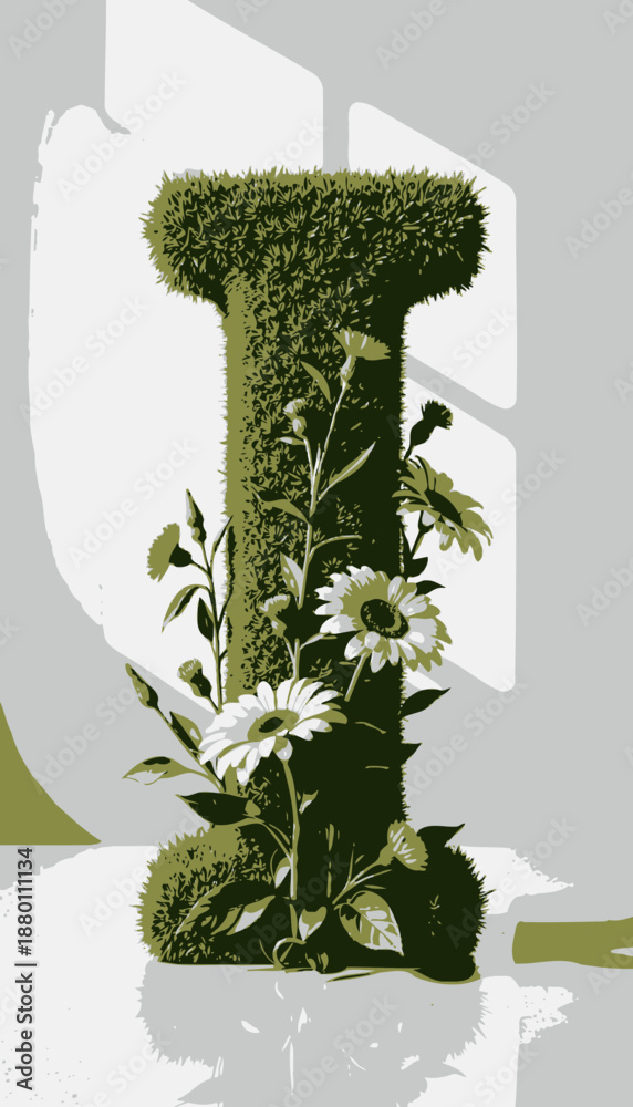 Fototapeta premium Nature-inspired sculpture of the letter I adorned with lush green grass and vibrant blooming flowers creating an artistic blend of typography and botanical elements