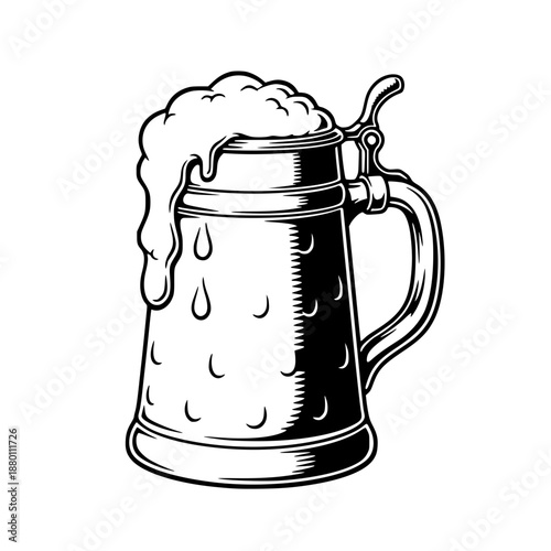 Vintage beer mug illustration with overflowing foam, black and white vector style, hand drawn engraving isolated on white background
