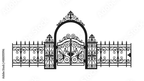 Vector illustration of an elegant ornate wrought iron gate with fence on transparent background