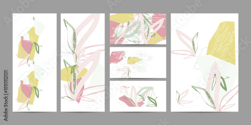 Simple Flowers flora comfortable paint brush soothing pastel muted pale calm tones card templates set. Collection of nature invitations