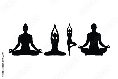 People practicing yoga and meditation black silhouette set
