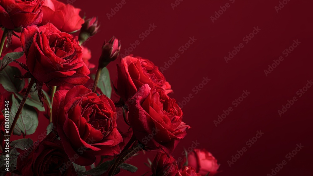 Obraz premium Red Rose Bouquet Background for Valentine’s Day Banner, Romantic Floral Wallpaper, February 14 Love Concept