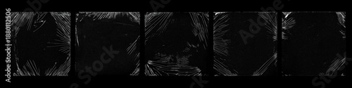 Set of black plastic wrap textures with stretched, wrinkled and torn film surfaces. Abstract dark backgrounds featuring transparent plastic distortions, scratches and folds, ideal for grunge design, o