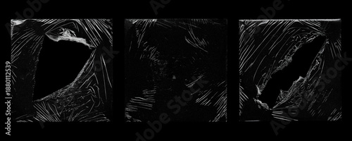 Set of black plastic wrap textures with stretched, wrinkled and torn film surfaces. Abstract dark backgrounds featuring transparent plastic distortions, scratches and folds, ideal for grunge design, o