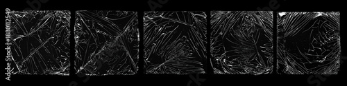 Set of black plastic wrap textures with stretched, wrinkled and torn film surfaces. Abstract dark backgrounds featuring transparent plastic distortions, scratches and folds, ideal for grunge design, o