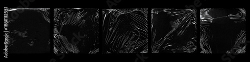 Set of black plastic wrap textures with stretched, wrinkled and torn film surfaces. Abstract dark backgrounds featuring transparent plastic distortions, scratches and folds, ideal for grunge design, o