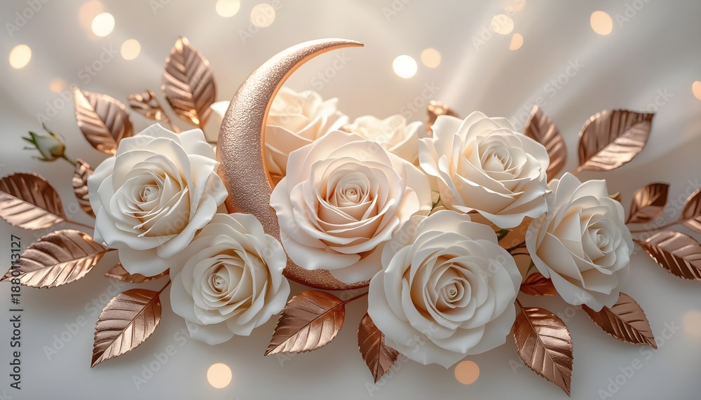 Fototapeta premium Feminine White Rose and Rose Gold Moon Ramadan Background. 