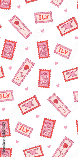Seamless pattern of lovely postage stamps in coquette core style. Elegant hand drawn festive ornament. Perfect for fabric, textile, wallpaper, decor, print, packaging, wrapping paper.