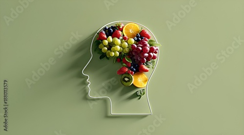 Human head silhouette filled with fresh fruits as a concept of healthy brain nutrition