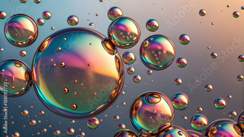 Abstract liquid metal bubbles with glossy iridescent spheres floating on a soft gradient background. Great for tech branding, digital design, futuristic visuals, and creative advertising.