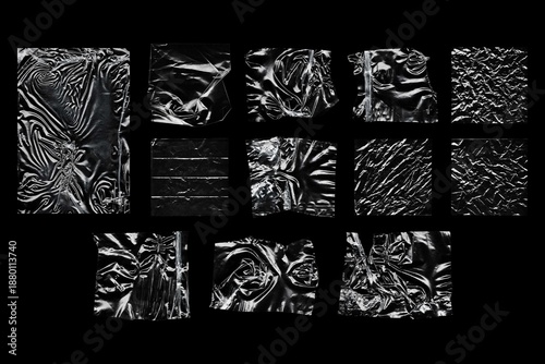 Set of glossy black plastic textures with wrinkled, folded and crumpled surfaces. Abstract transparent plastic sheets isolated on black background, featuring reflections, distortions and torn edges, i