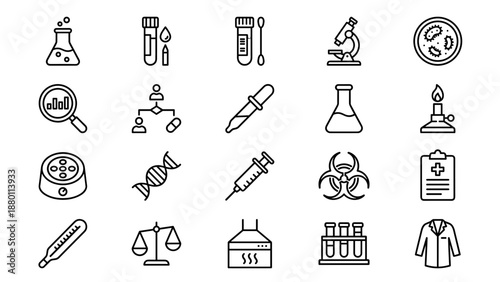 Laboratory and science line icons set. Medical research symbols. Chemistry biology equipment. Microscope, test tube, petri dish, dna, beaker, flask. Health analysis vector elements.