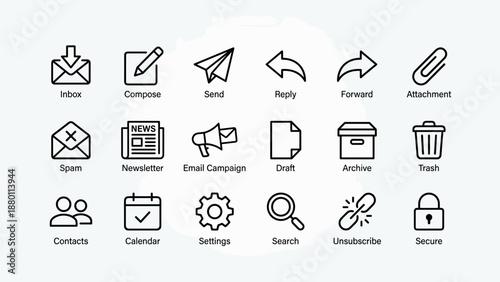 Email and newsletter line icons set. Vector symbols for digital communication. Inbox, compose, send, reply, attachment, spam, campaign, archive, settings. Web interface design elements