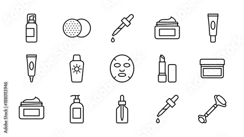Beauty and skincare line icons set. Cosmetic products vector symbols. Minimalist outline style. Makeup, cream, serum, lotion, spa elements. Dermatology, hygiene. Face care routine