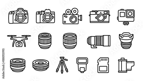 Photography icons set. Camera and lens line vector collection. Minimalist equipment symbols. Digital video, flash, optical gear. Outline stroke design. Photo studio. Linear style graphic.