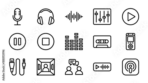 Podcast and audio recording line icons set. Vector sound studio symbols. Microphone headphones wave signs. Minimal broadcasting interface elements. Digital music production icons.