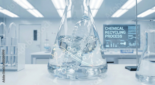 Chemical recycling concept with plastic dissolving into liquid monomer in flask