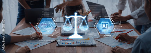 Tableau sur toile Professionals engaged in a meeting focused on integrating law and artificial intelligence, highlighting ethical considerations and strategic planning for future insights