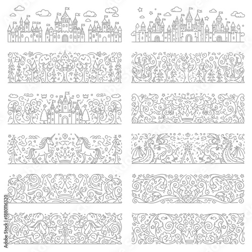 Enchanting fairytale borders with castles, unicorns, dragons and crowns, perfect for adding a magical touch to invitations or whimsical designs