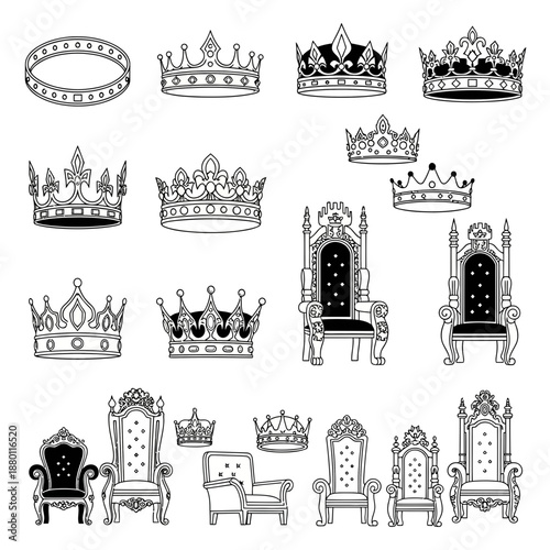 Royal Crowns and Thrones Vector Set