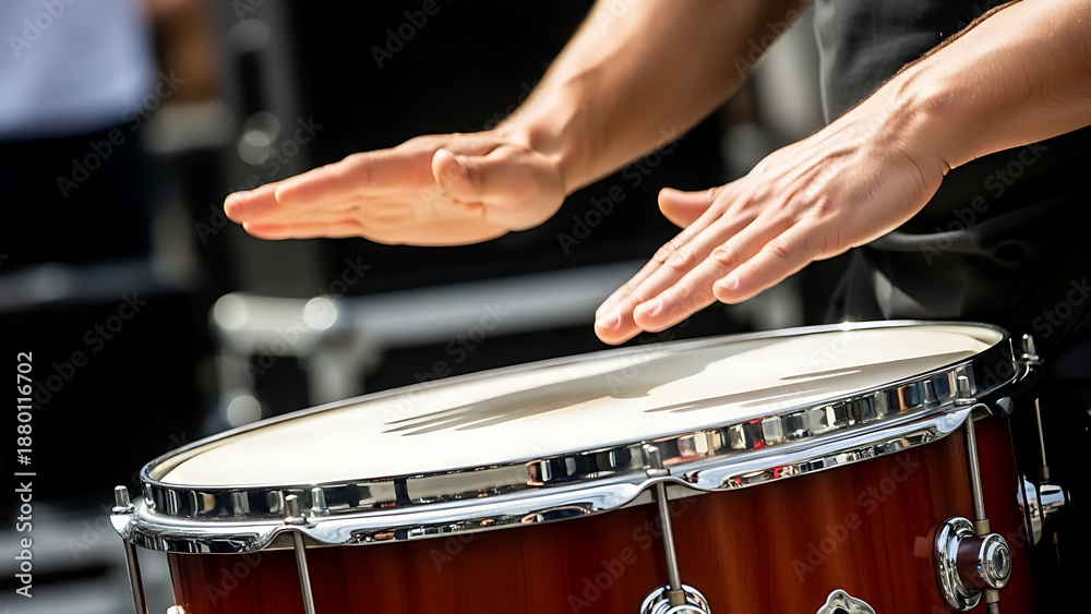 Obraz premium Person playing a large drum with their hands isolated on white background