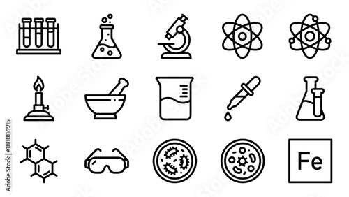Science laboratory and chemistry line icons set. Minimalist vector outline symbols of microscope, test tube, beaker, atomic model, molecule, dropper, goggles, burner, and petri dish design
