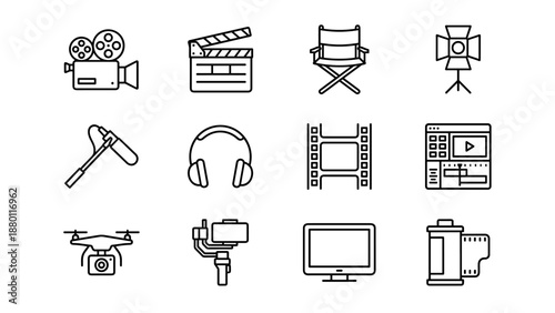 Set of 12 video production and filmmaking line icons. Minimalist vector style with uniform stroke width. Includes camera, clapperboard, director chair, microphone, drone, and editing symbols.