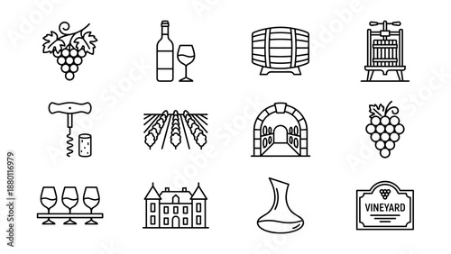 Wine and winery line icon set. Minimalist vector collection showing vineyard, grapes, wine bottle, glass, barrel, corkscrew, cellar, decanter, and chateau. Thin outline style linear design.