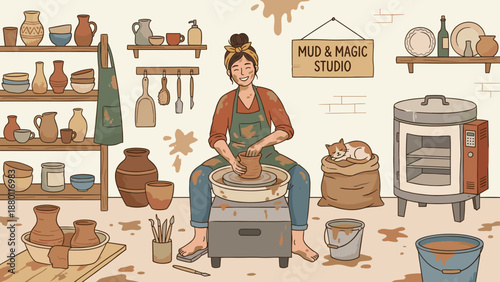 Flat vector illustration of a woman making pottery on a wheel in messy ceramic studio, creative artisan crafting clay vases and bowls, pottery workshop interior with tools, kiln and sleeping cat