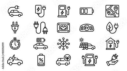 Electric vehicle line icon set. EV charging station, battery level, eco car, plug, power socket, solar energy, electric network, green technology, renewable energy, zero emission transport
