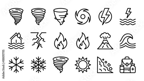 Tornado hurricane volcano earthquake flood and fire disaster line icons set. Minimalistic outline symbols of natural disasters, weather emergencies, and rescue preparedness kit concept.