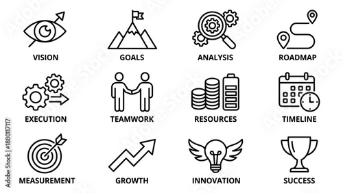 Strategic planning and business management line icons set. Vision, goals, analysis, roadmap, teamwork, resources, timeline, measurement, growth, innovation, success. Minimalist outline symbols.