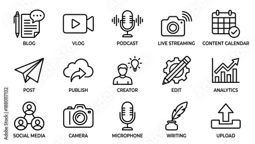 Content creation line icons set. Blog, vlog, podcast, live streaming, content calendar, post, publish, creator, edit, analytics, social media, camera, microphone, writing, upload symbols