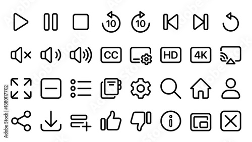 Minimalist vector line icon set of 32 video streaming and media player interface symbols including play, pause, stop, subtitles, sound, cast, HD, 4K, settings, like, share, and fullscreen controls