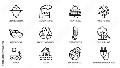 Climate change and global warming line icons set. Minimalistic outline style environmental symbols. Renewable energy, pollution, recycling, drought, CO2, flood, and sustainability concept.