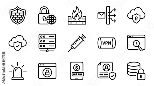 Cybersecurity and firewall protection line icons set. Minimalist outline symbols of data security, VPN connection, antivirus, encryption, firewall defense, cloud and server safety on white background.