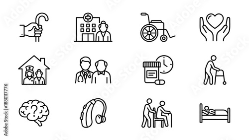 Elderly care line icons set. Senior assistance and nursing home symbols. Caregiver home care vector. Medical support retirement. Geriatrics health. Mobility aid wheelchair walker.